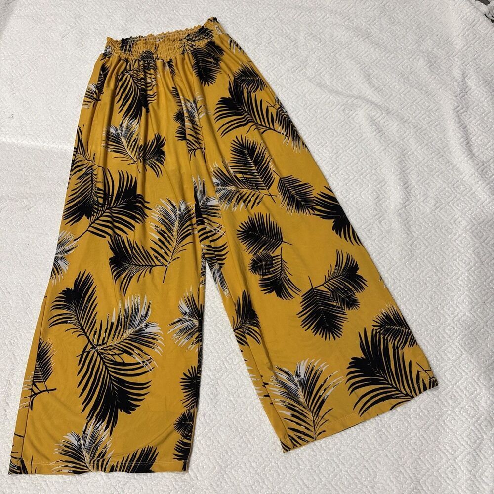 WEST LOOP Yellow Black TROPICAL Palazzo Lounge Boho Baggy Pull On Pants Sz M